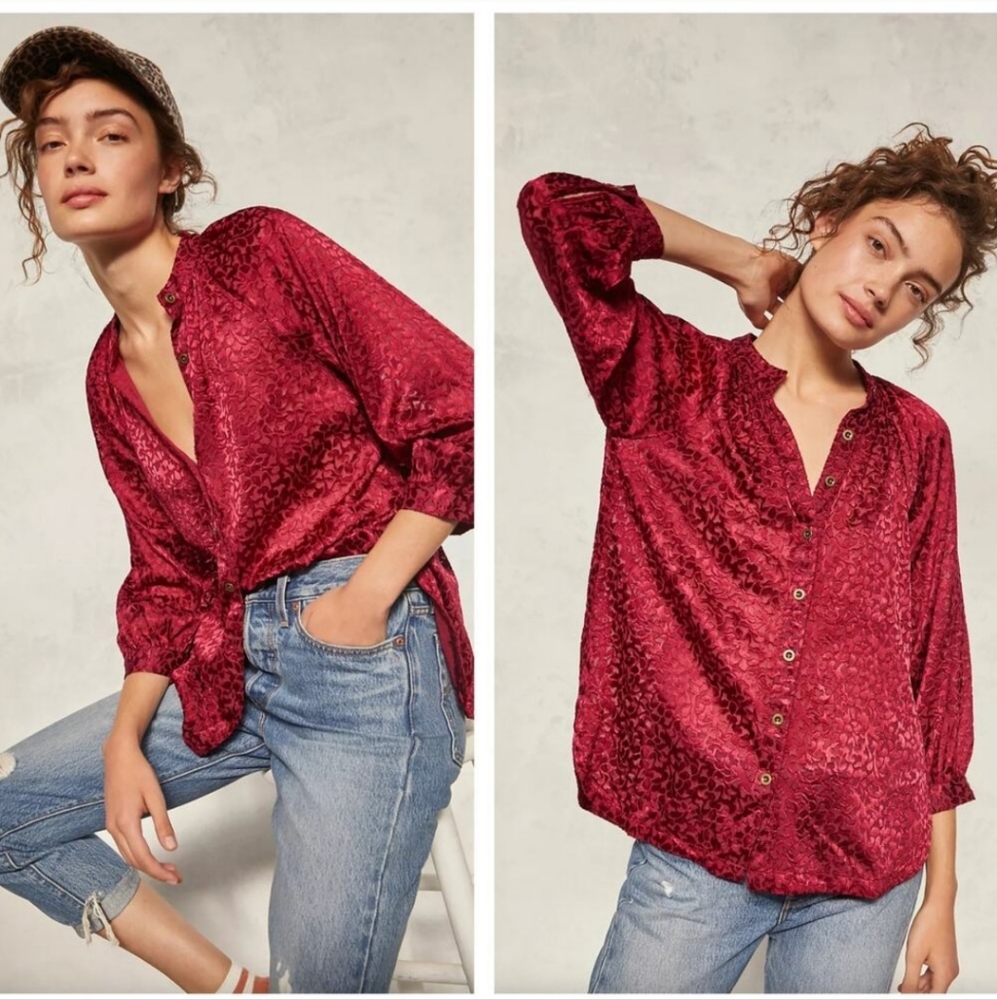 Anthropologie Sz M Susanna Burgundy Velvet Burnout Button Up 3/4 Sleeves Blouse